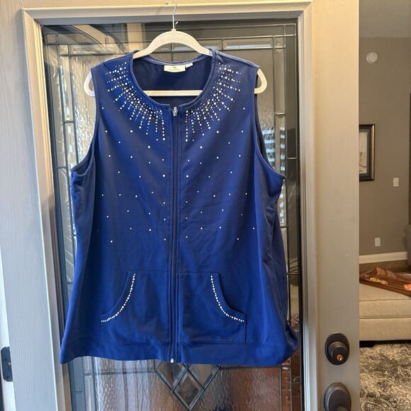 Quacker Factory Womens XL Studded Velour Zip-Up Vest Pockets Relaxed Fit Blue - Picture 11 of 12